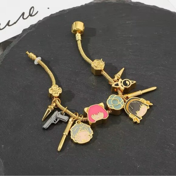 14K Gold Plated SPY X FAMILY Themed Loaded Charm Bracelet Unisex Anime Manga - Picture 8 of 9